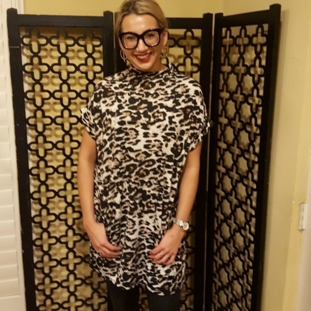 COTTON EMPORIUM LEOPARD MOCK TURTLENECK DRESS SIZE MEDIUM